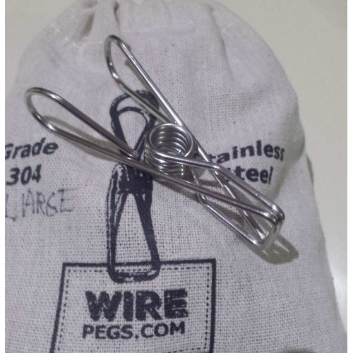 10 large grade 304 ss wire clothes pegs in a hemp bag